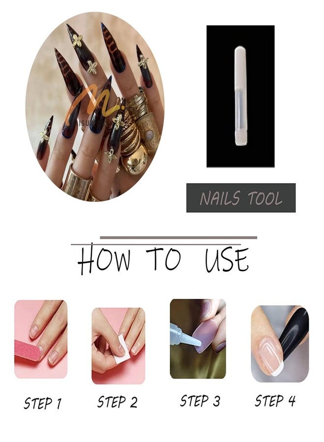MISUD Press on Nails - Long Stiletto Fake Nails with Brown Tortoise, Acrylic Gold Charms Design 24 pcs - Image 5
